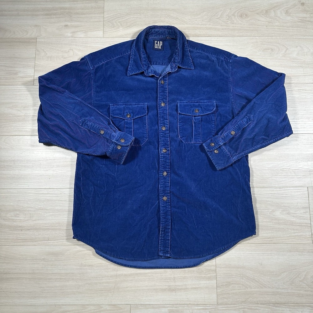 Vintage 90s Y2K Gap Corduroy Button Up Shirt Mens XL Cobalt Blue Pocket Western